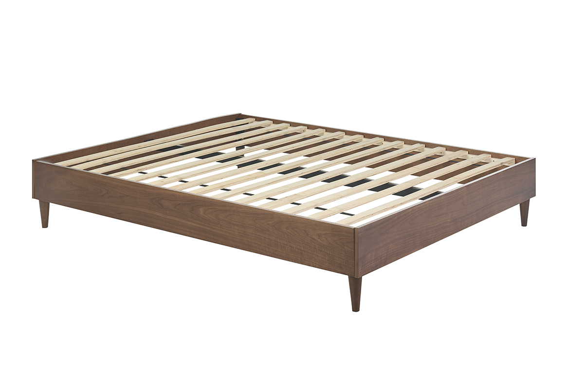 Cama de 2 plazas 160x200 cm de madera oscura con somier de l�minas, vista lateral