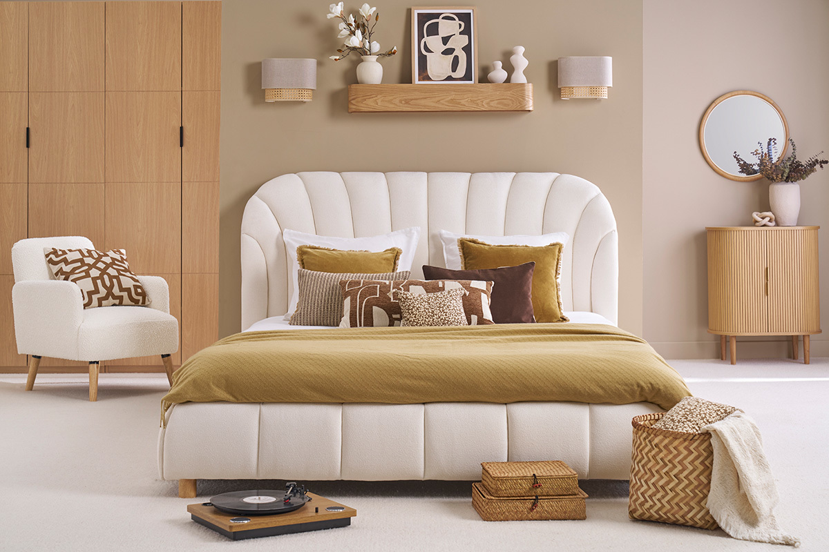 Cama de 2 plazas 160x200 en tela efecto lana rizada ARIELLE