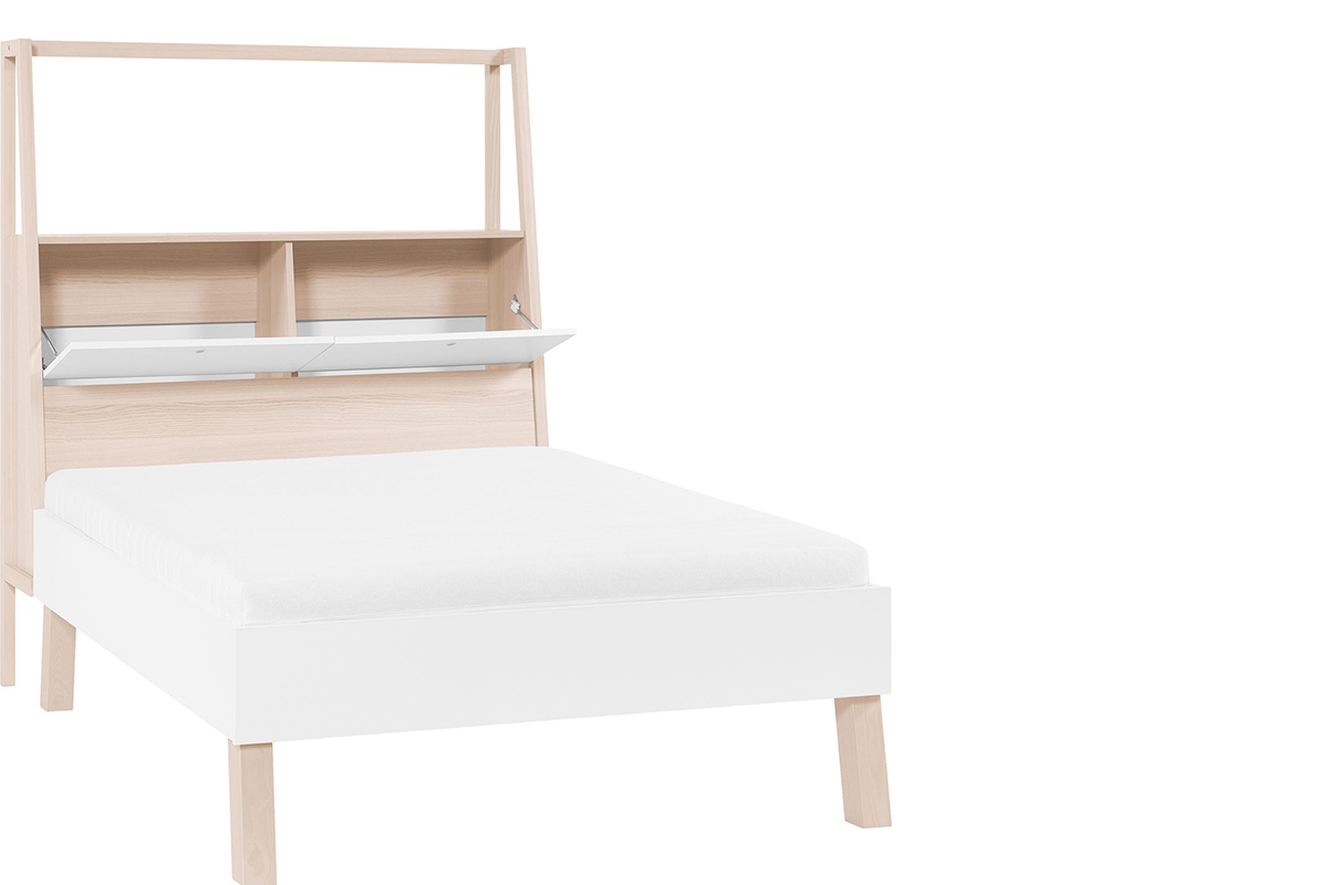 Cama dise�o con almacenaje 140x200 madera y blanco EASY