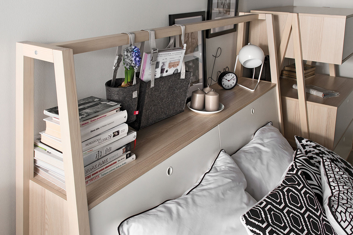 Cama dise�o con almacenaje 140x200 madera y blanco EASY