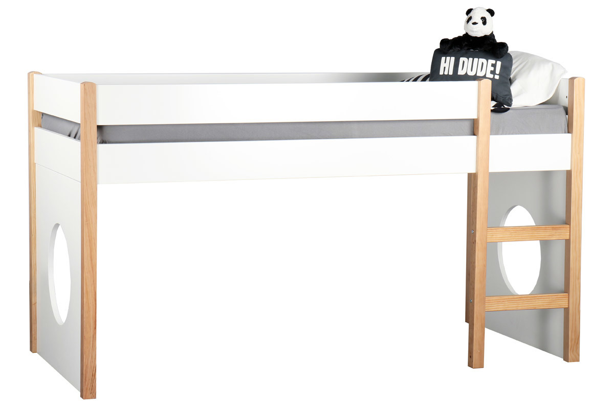 Cama elevada infantil con tableros amovibles blanca y madera clara ALTO