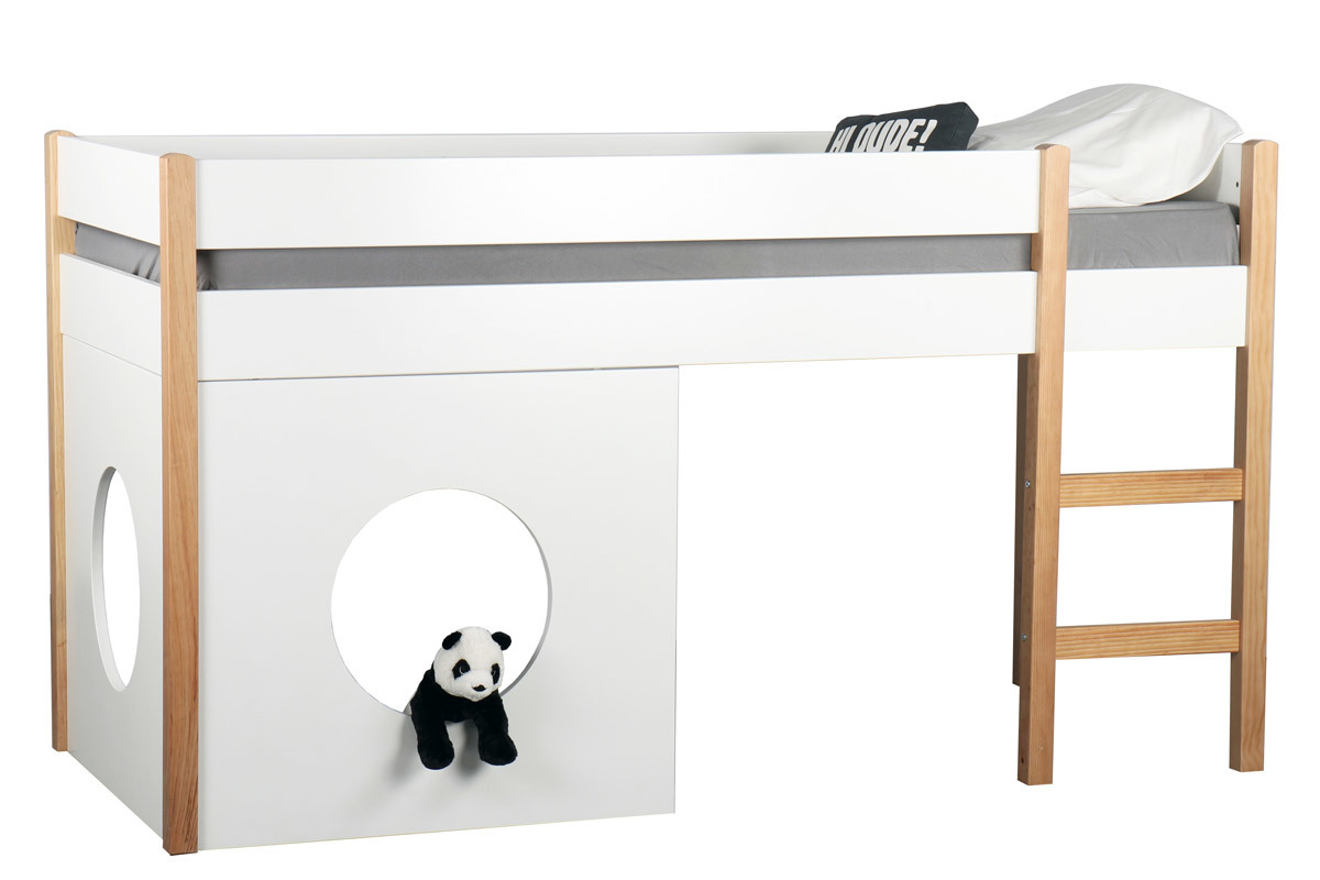 Cama elevada infantil con tableros amovibles blanca y madera clara ALTO
