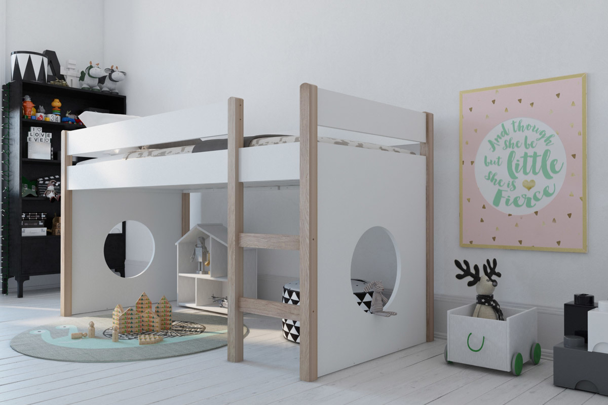 Cama elevada infantil con tableros amovibles blanca y madera clara ALTO