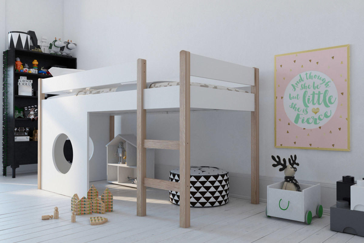 Cama elevada infantil con tableros amovibles blanca y madera clara ALTO