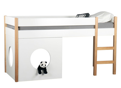 Cama elevada infantil con tableros amovibles blanca y madera clara ALTO - Cama elevada infantil con tableros amovibles blanca y madera clara ALTO