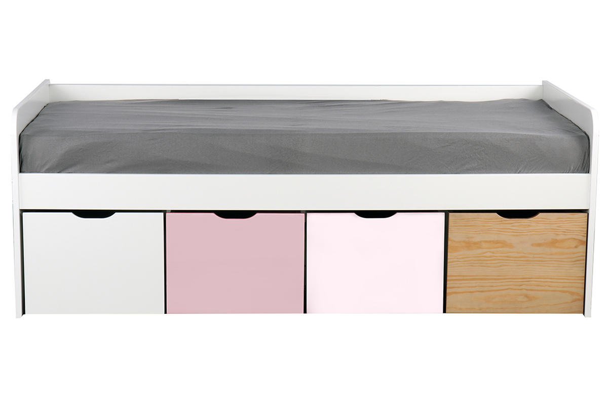 Cama infantil con almacenaje 4 cajones madera, blanca y rosa MOLENE