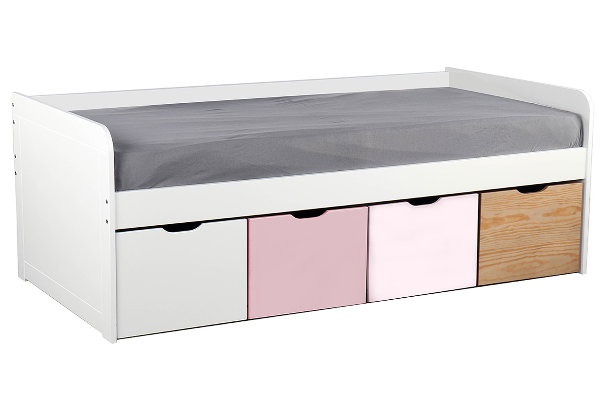 Cama infantil con almacenaje 4 cajones madera, blanca y rosa MOLENE