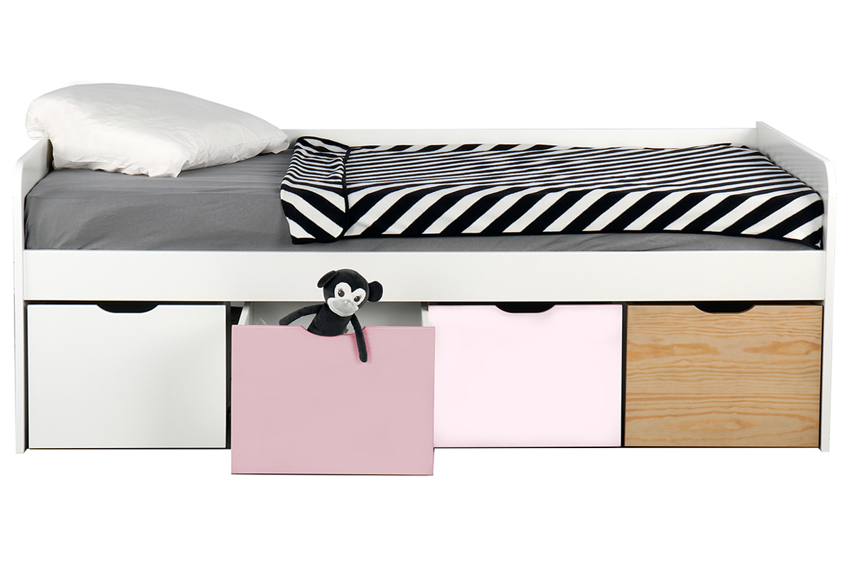 Cama infantil con almacenaje 4 cajones madera, blanca y rosa MOLENE