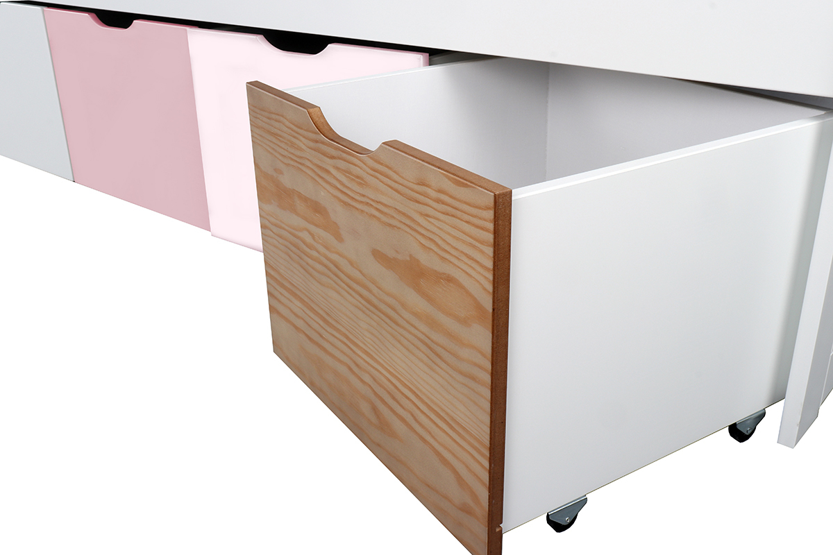 Cama infantil con almacenaje 4 cajones madera, blanca y rosa MOLENE