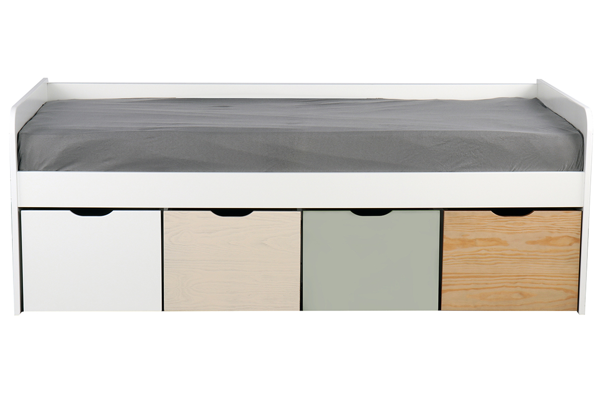 Cama infantil con almacenaje 4 cajones madera, blanca y verde MOLENE