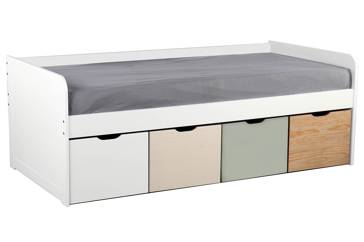 Cama infantil con almacenaje 4 cajones madera, blanca y verde MOLENE