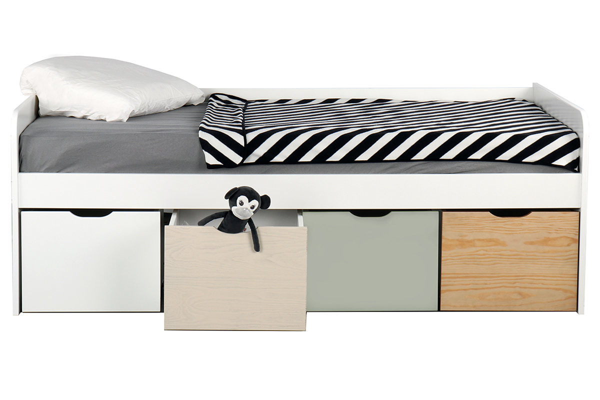 Cama infantil con almacenaje 4 cajones madera, blanca y verde MOLENE