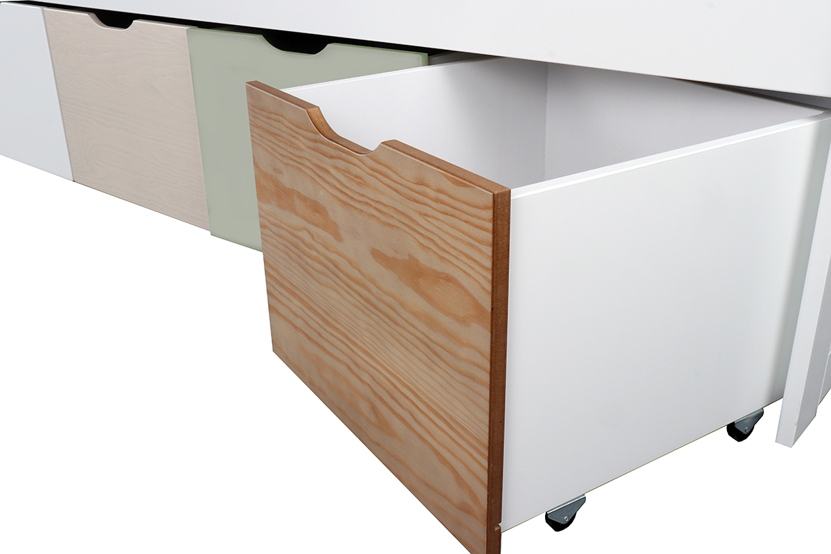 Cama infantil con almacenaje 4 cajones madera, blanca y verde MOLENE