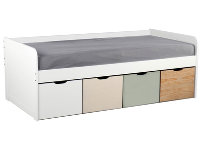 Cama infantil con almacenaje 4 cajones madera, blanca y verde MOLENE - Cama infantil con almacenaje 4 cajones madera, blanca y verde MOLENE