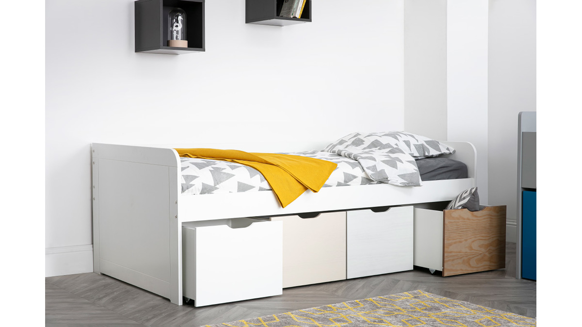 Cama infantil con almacenaje 4 cajones madera y blanca MOLENE