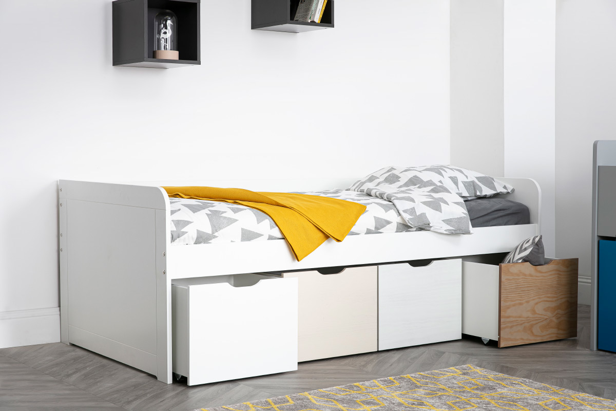 Cama infantil con almacenaje 4 cajones madera y blanca MOLENE