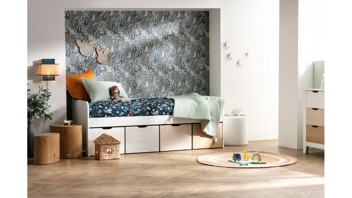 Cama infantil con almacenaje 4 cajones madera y blanca MOLENE