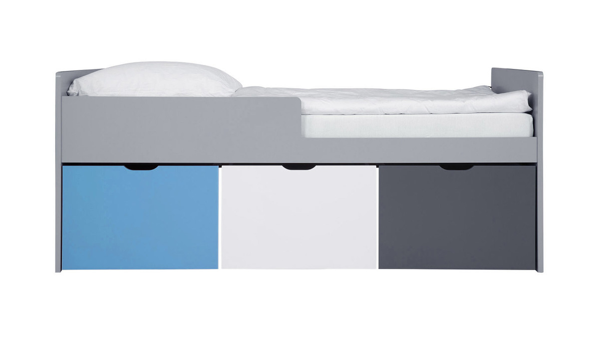 Cama infantil con cajones 90x190 cm azul, blanco y gris JULES
