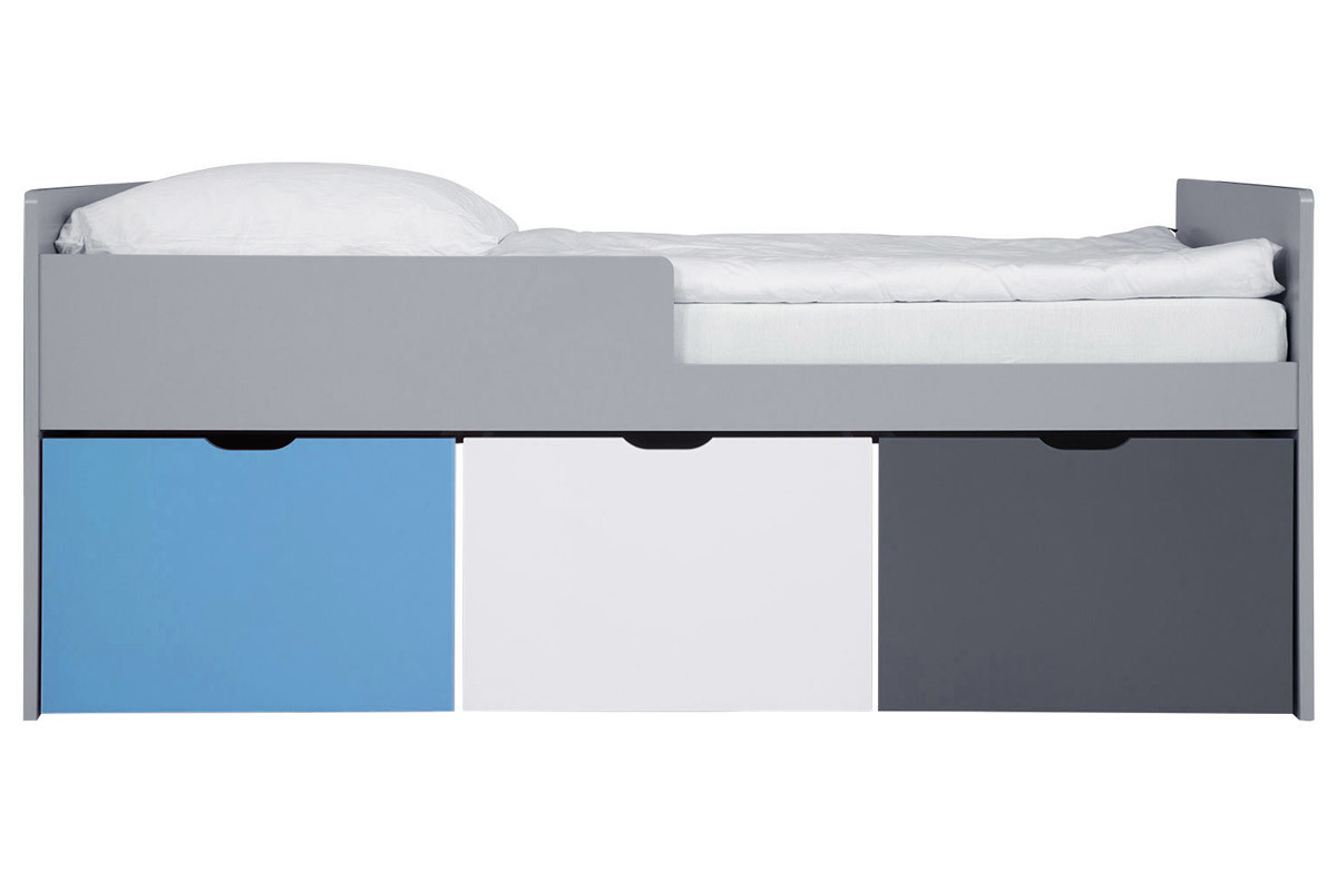 Cama infantil con cajones 90x190 cm azul, blanco y gris JULES