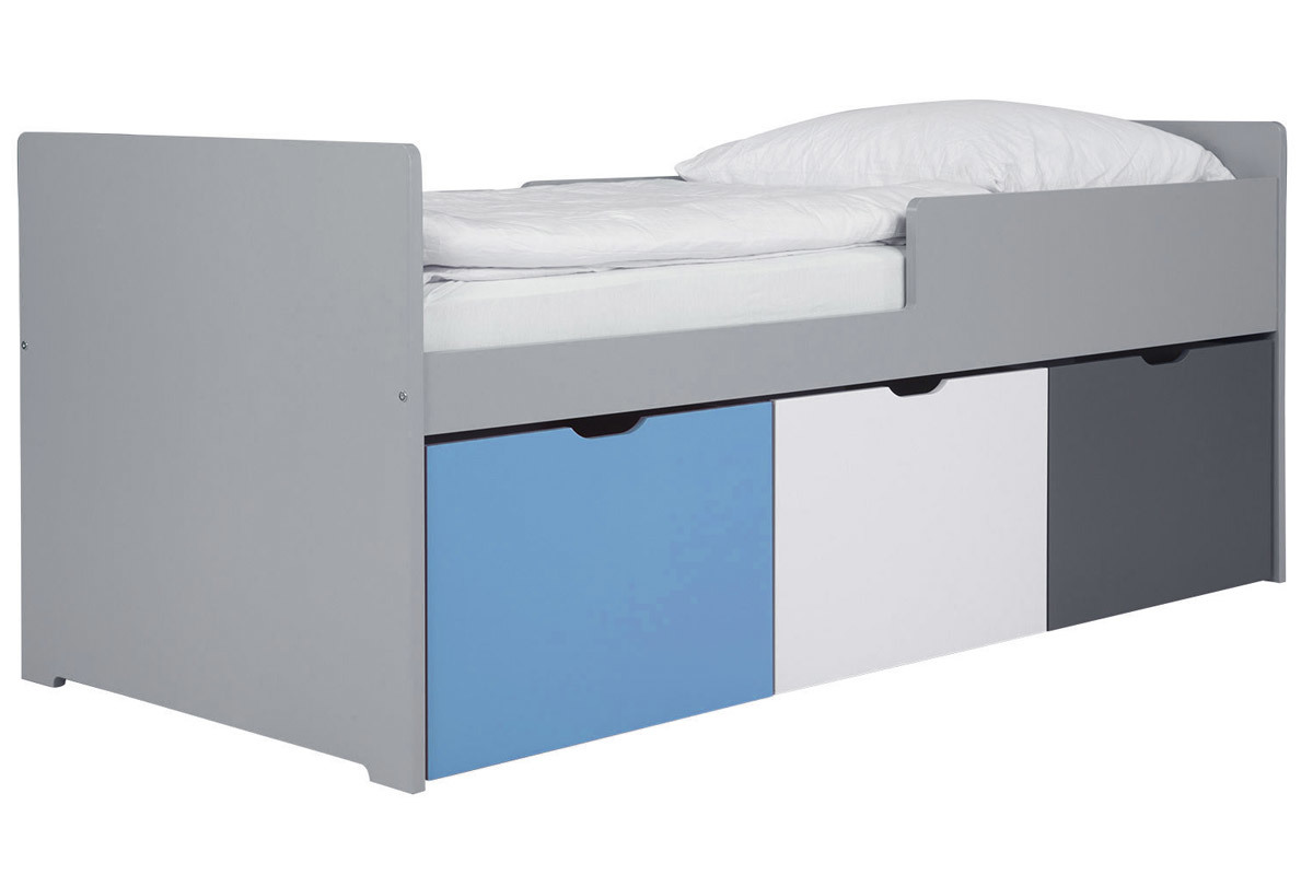 Cama infantil con cajones 90x190 cm azul, blanco y gris JULES