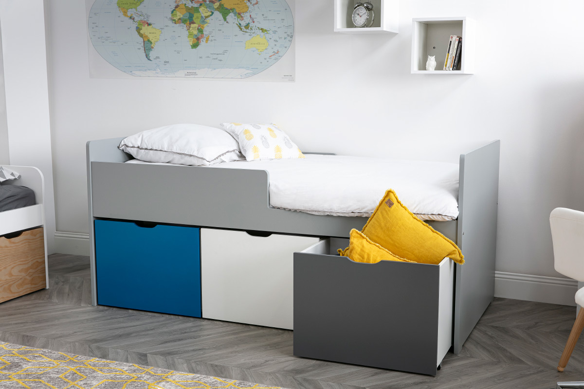 Cama infantil con cajones 90x190 cm azul, blanco y gris JULES