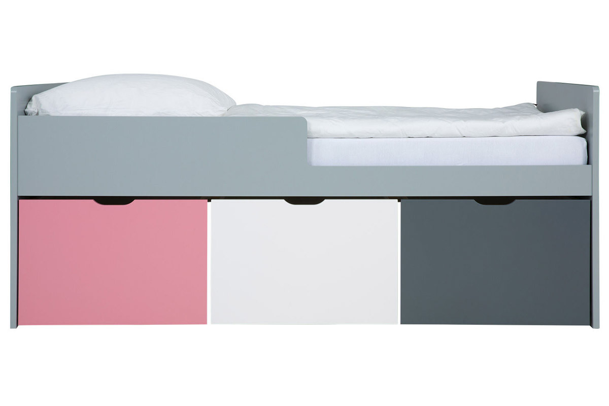 Cama infantil con cajones 90x190 cm rosa, blanco y gris JULES