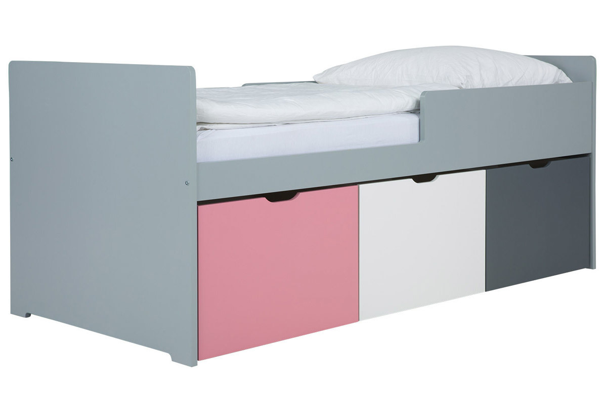 Cama infantil con cajones 90x190 cm rosa, blanco y gris JULES