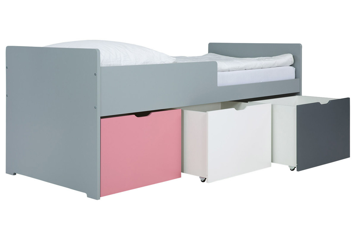 Cama infantil con cajones 90x190 cm rosa, blanco y gris JULES