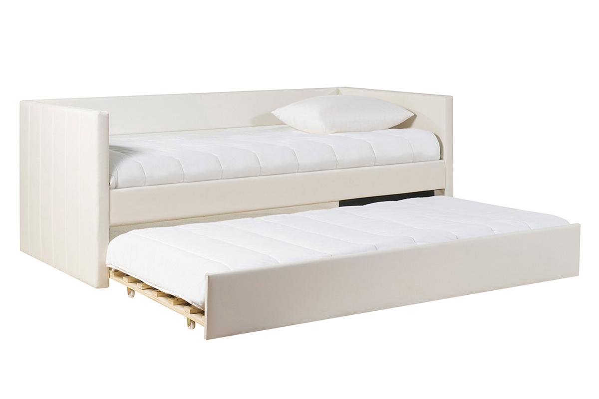 Cama nido blanca 90x190 cm con segunda cama cajn desplegada, vista de tres cuartos.