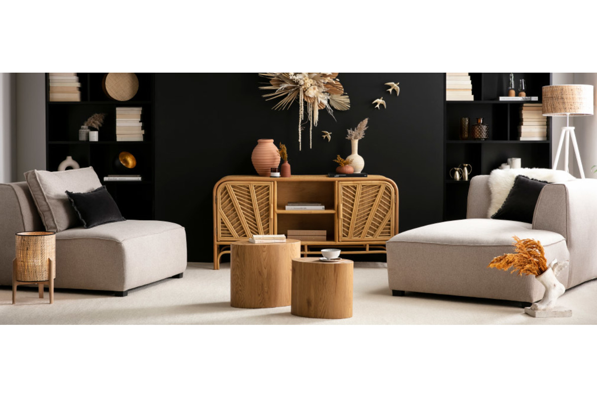 Chaise longue esquina derecha en tejido beige PLURIEL