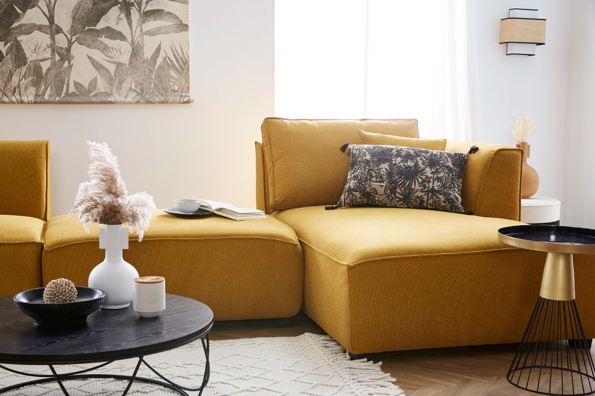 Chaise longue esquina izquierda de tejido amarillo comino PLURIEL