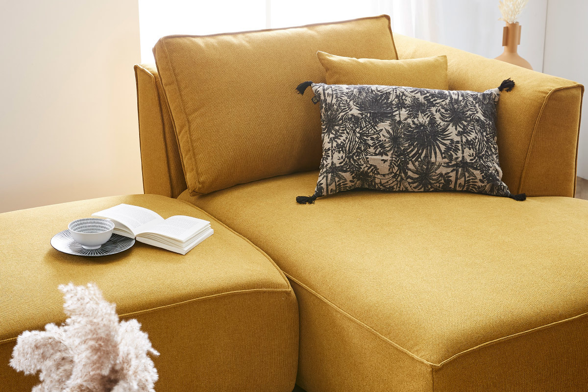 Chaise longue esquina izquierda de tejido amarillo comino PLURIEL