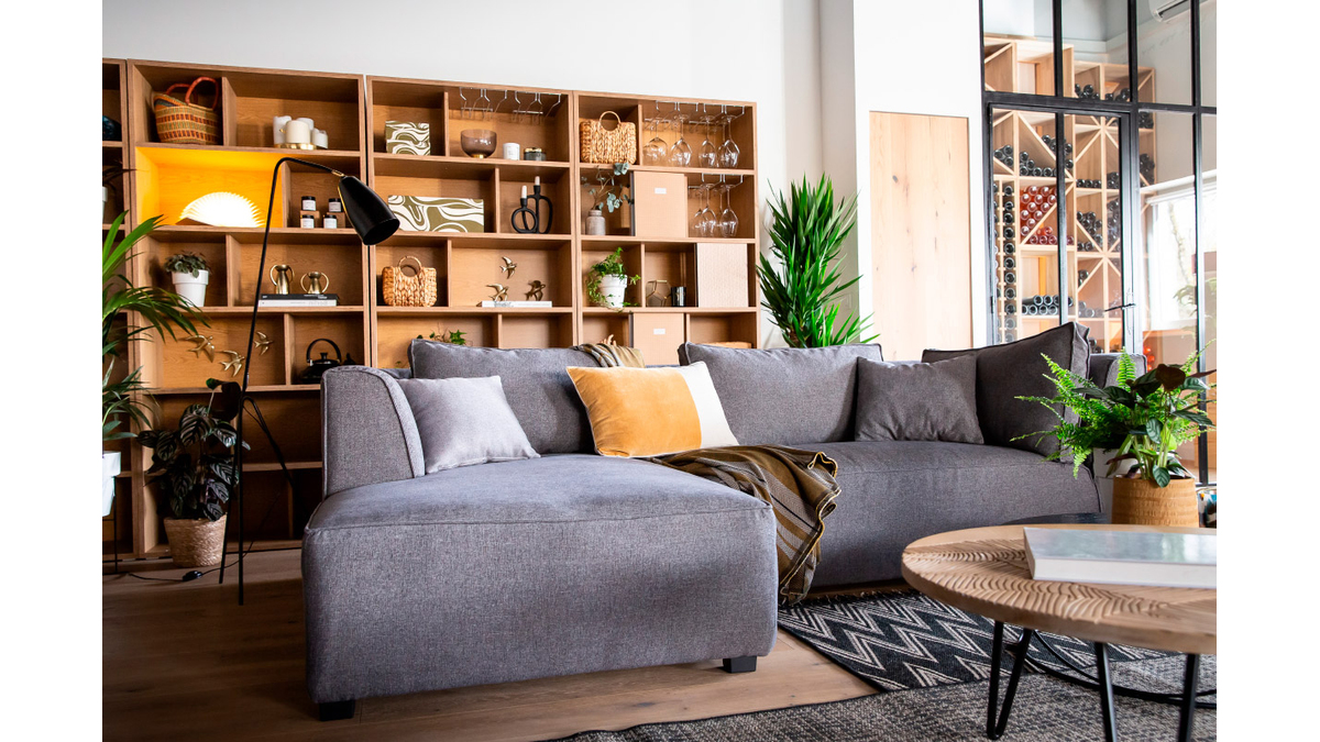 Chaise longue esquina izquierda tejido gris perla PLURIEL Miliboo