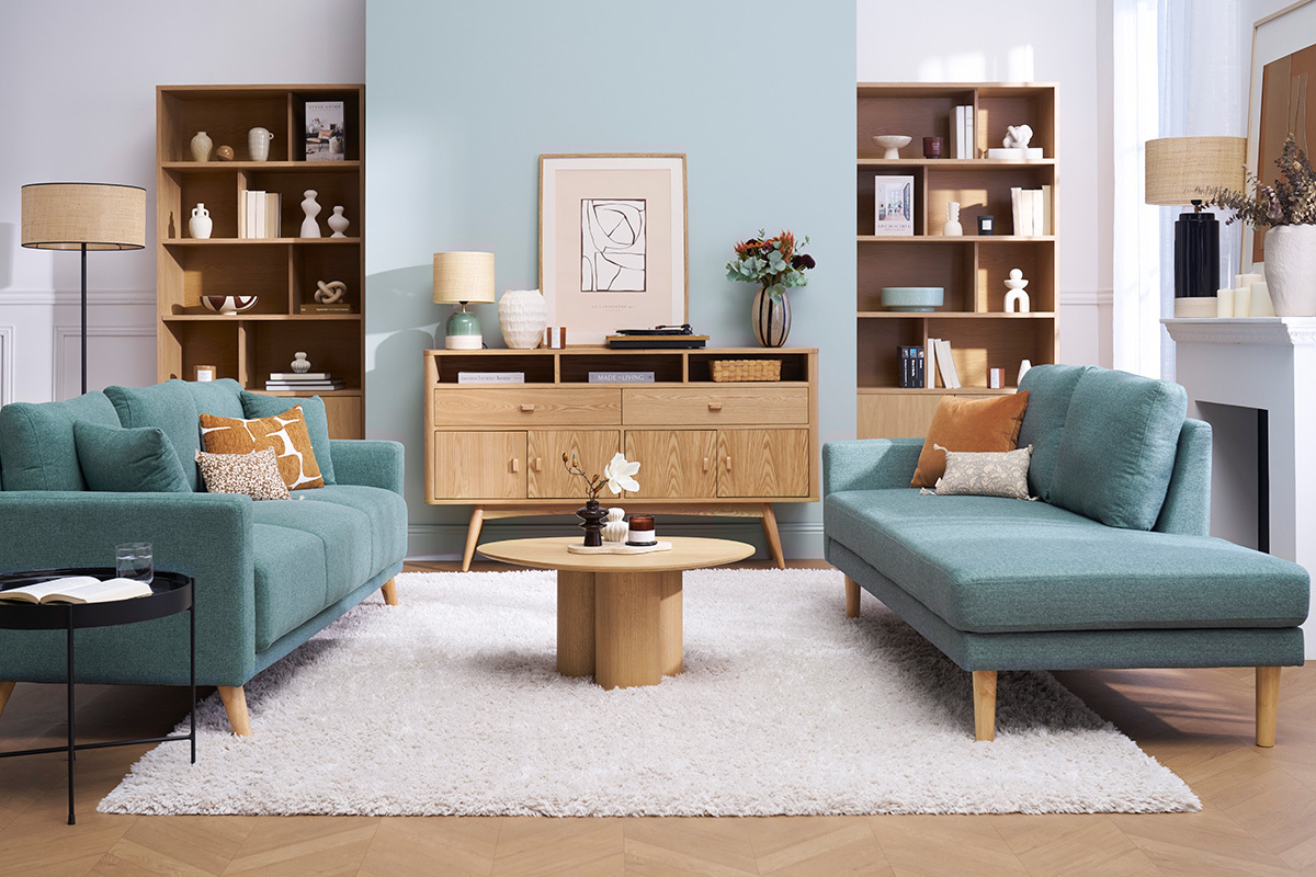 Chaise longue nrdica de tela verde grisceo y madera maciza clara 190 cm BERTILLE