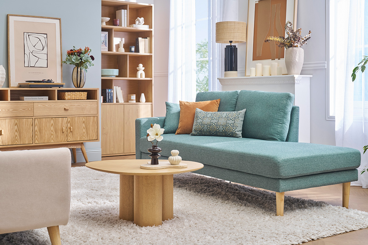 Chaise longue nrdica de tela verde grisceo y madera maciza clara 190 cm BERTILLE