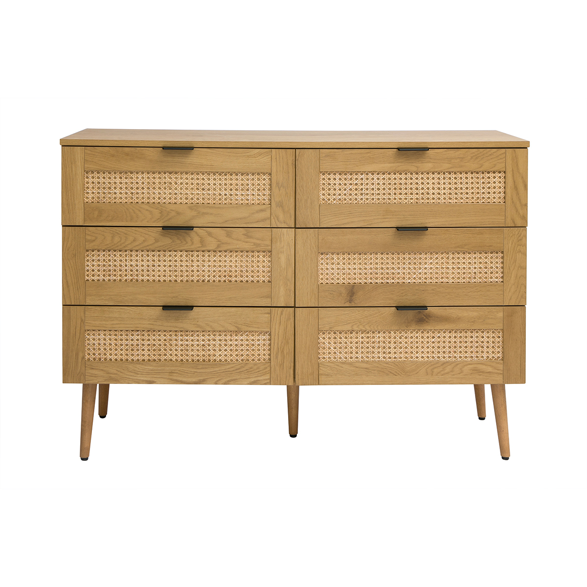 Cómoda acabado en madera clara, rejilla de ratán y metal negro 3 cajones L120 cm MANILLE