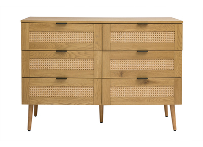 Cómoda acabado en madera clara, rejilla de ratán y metal negro 3 cajones L120 cm MANILLE