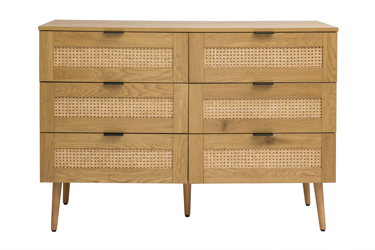 C�moda acabado en madera clara, rejilla de rat�n y metal negro 6 cajones L120 cm MANILLE