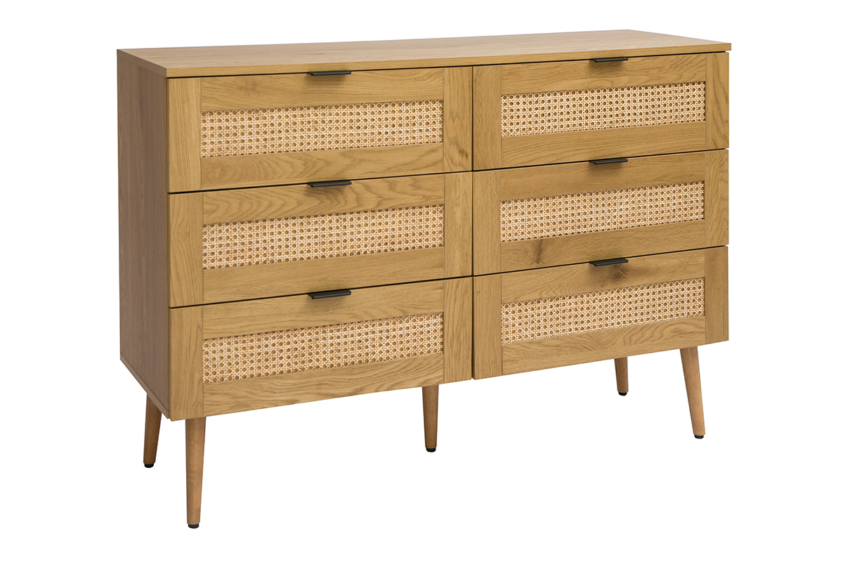 C�moda acabado en madera clara, rejilla de rat�n y metal negro 6 cajones L120 cm MANILLE