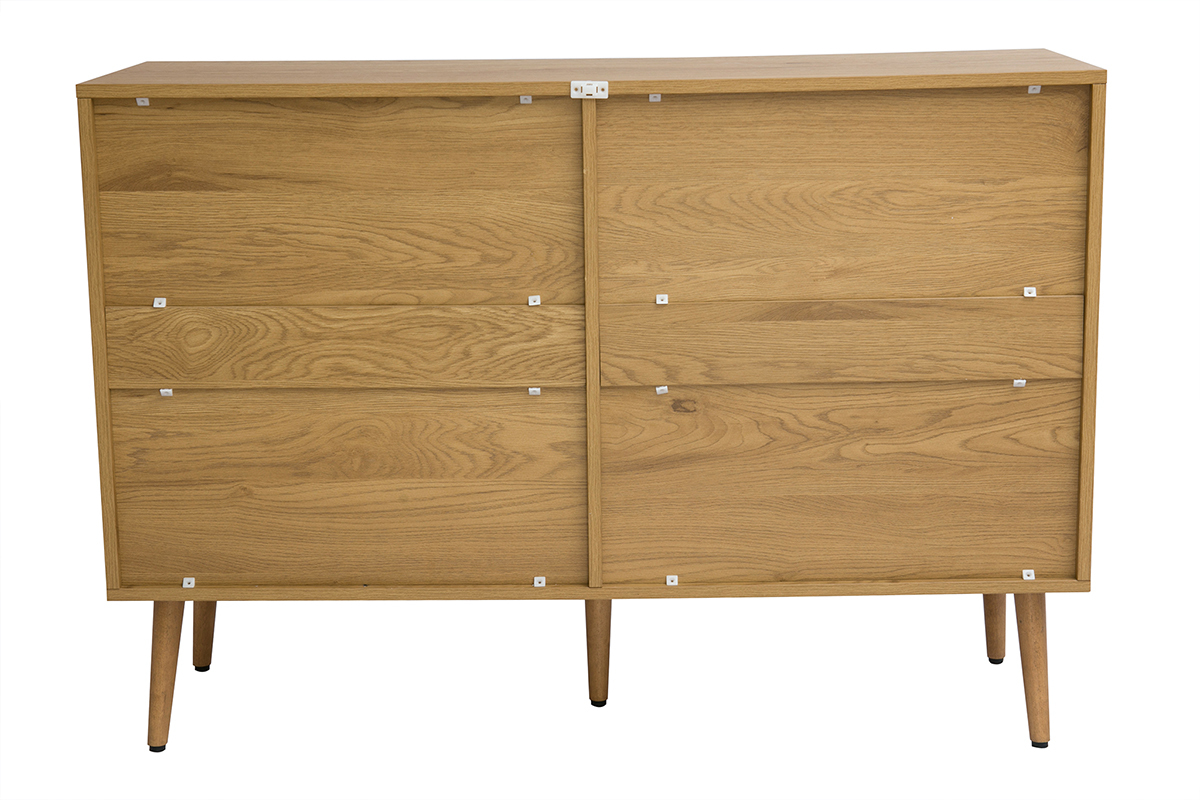 C�moda acabado en madera clara, rejilla de rat�n y metal negro 6 cajones L120 cm MANILLE