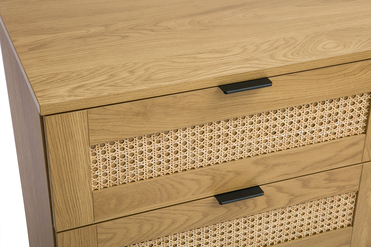 C�moda acabado en madera clara, rejilla de rat�n y metal negro 6 cajones L120 cm MANILLE