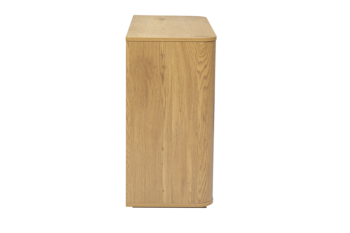 C�moda de madera clara de roble, vista de perfil, 3 cajones, estilo minimalista y moderno.