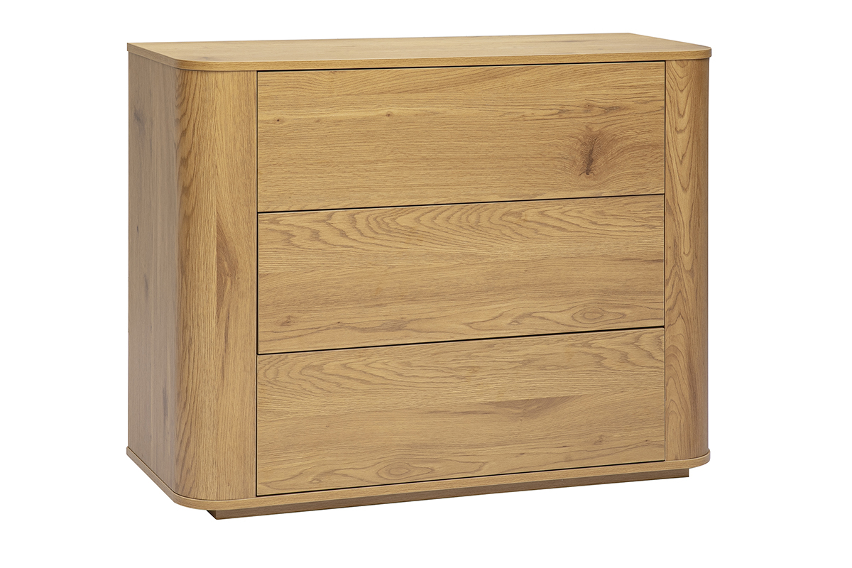 C�moda NEGAN en madera clara de roble, 3 cajones, vista en 3/4.