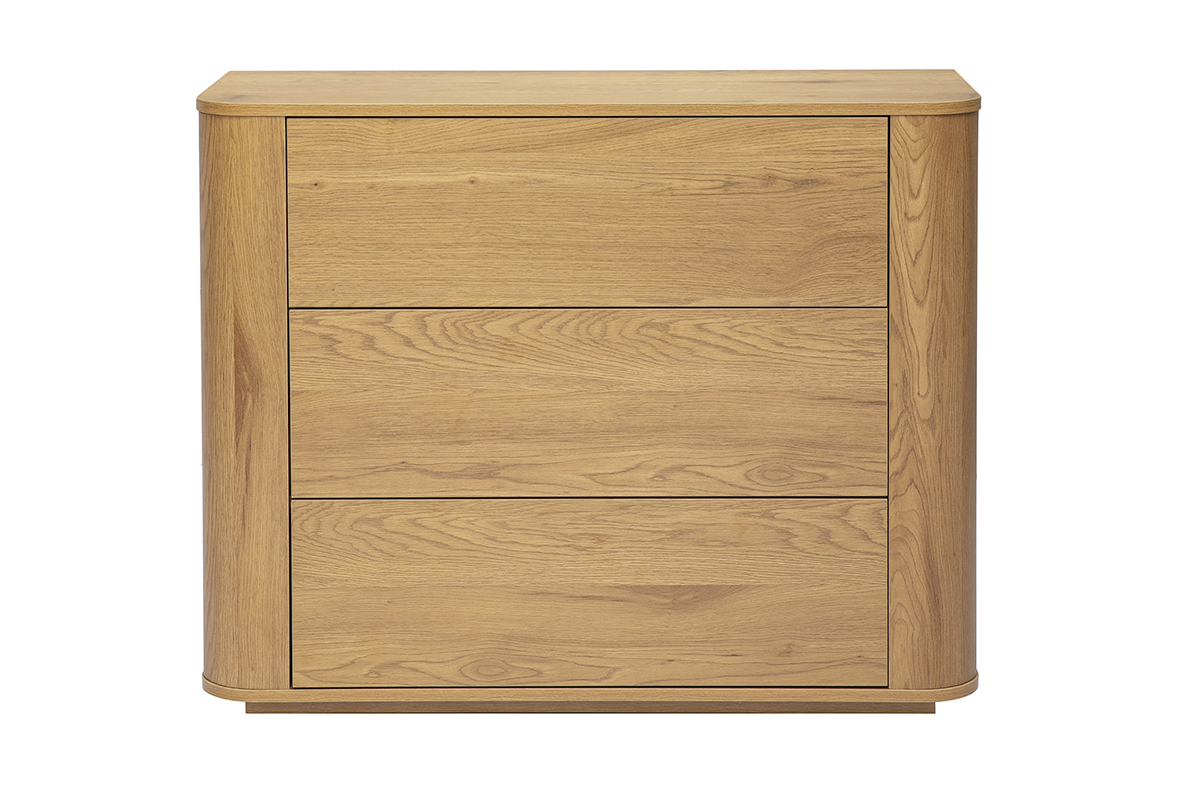 C�moda de madera clara de roble con 3 cajones, vista frontal.