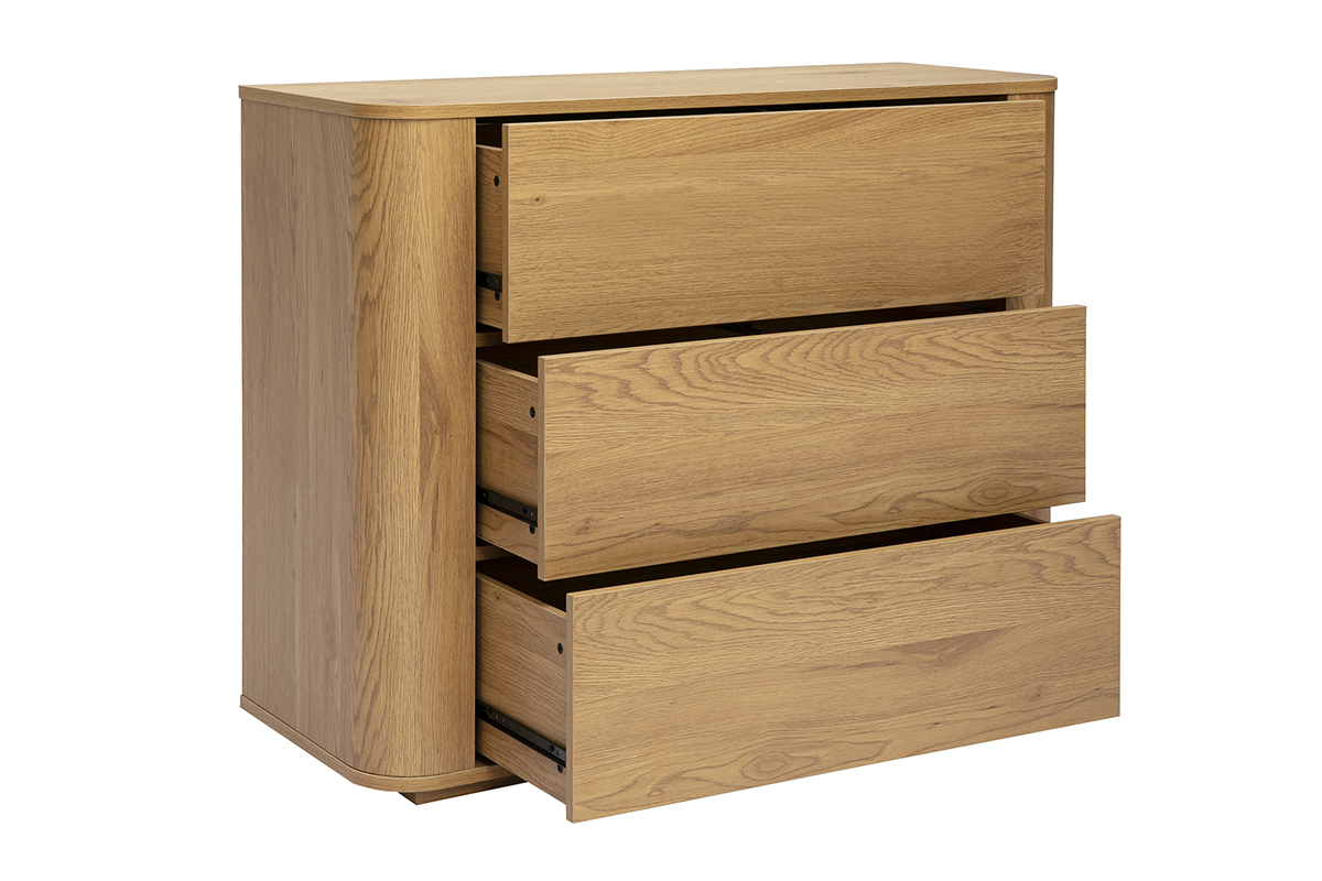 C�moda NEGAN de madera clara de roble, 3 cajones, vista en 3/4