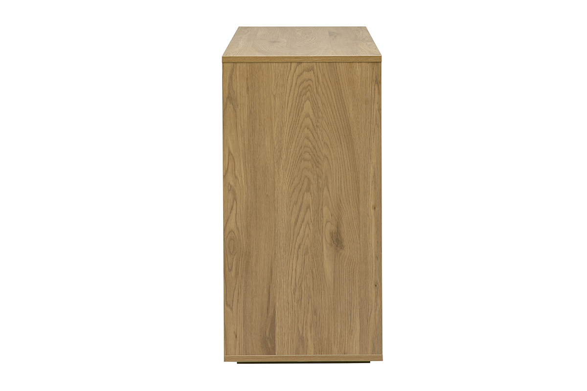 C�moda de madera clara de roble con 3 cajones, vista lateral.