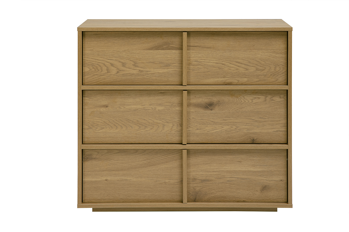 C�moda de madera clara de roble con 3 cajones, vista frontal