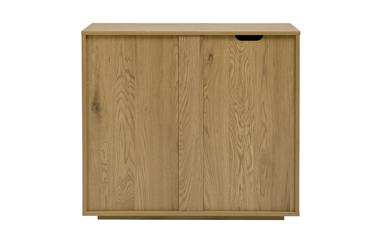 C�moda de madera clara de roble, 3 cajones, vista trasera, dise�o gr�fico con l�neas verticales.