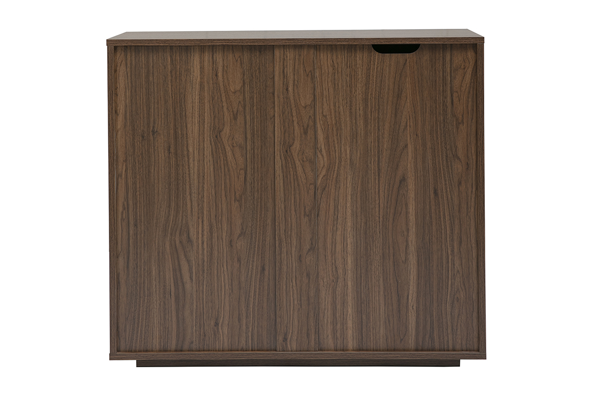 C�moda de madera oscura nogal, vista trasera, con 3 cajones sin tiradores visibles.