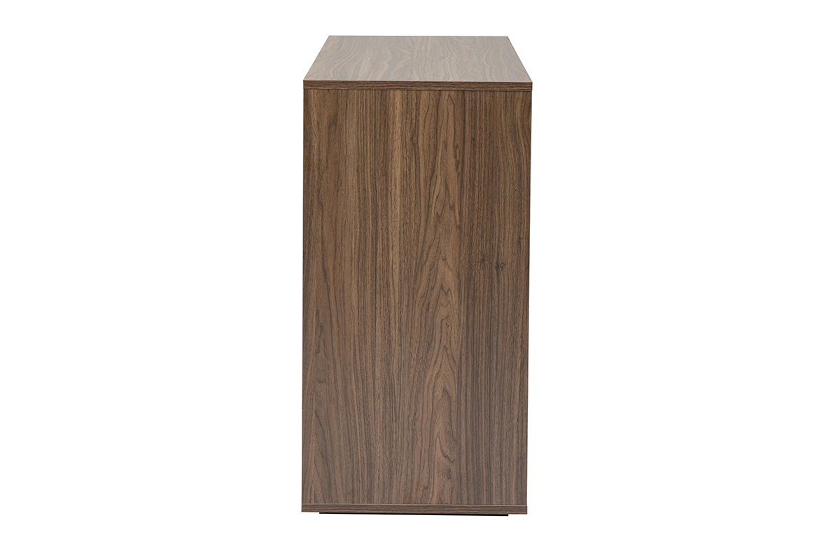 C�moda de madera de nogal oscuro con 3 cajones, vista lateral.